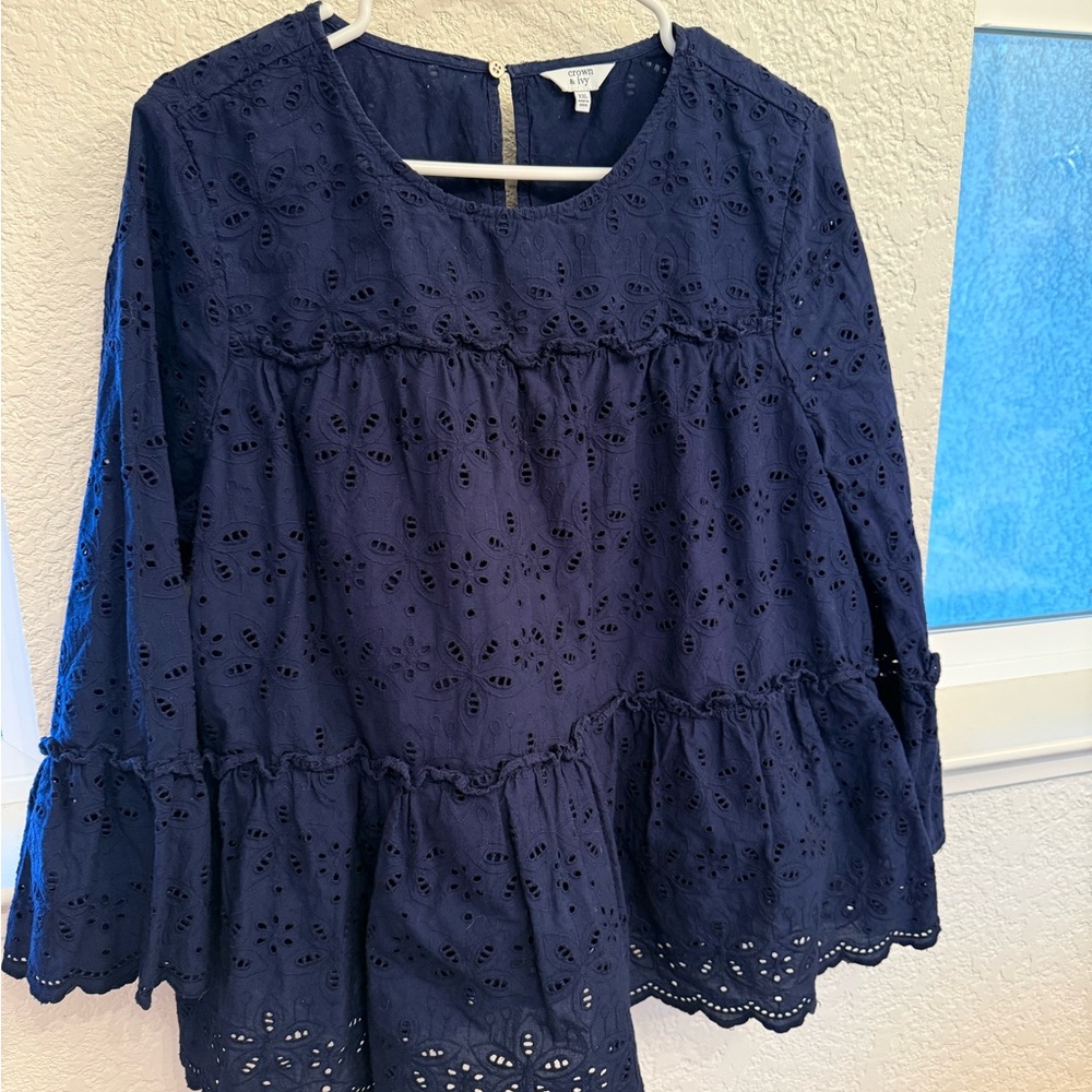 Navy Blue 100% Cotton Eyelet Blouse by Crown & Ivory-Boho Flutter Sleeve XXL - Picture 5 of 17